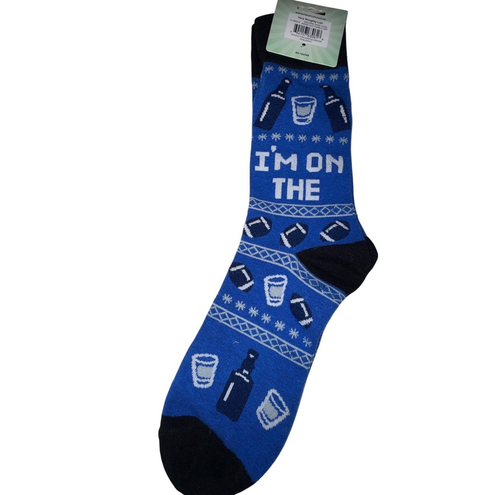 Funatic Very Naughty List Crew Socks Blue Football Alcohol Holiday Mens 6-11 NEW